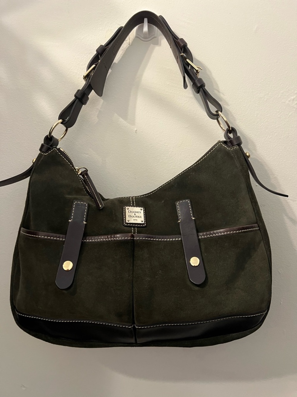 Vintage Dooney & Bourke Green Suede & Leather Safari Hobo Bag